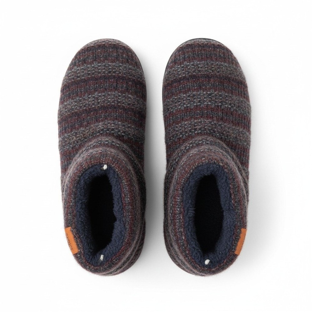 FatFace Knit Slipper Boots Navy Burgundy Marled Faux Fur Lined Mismatched M L